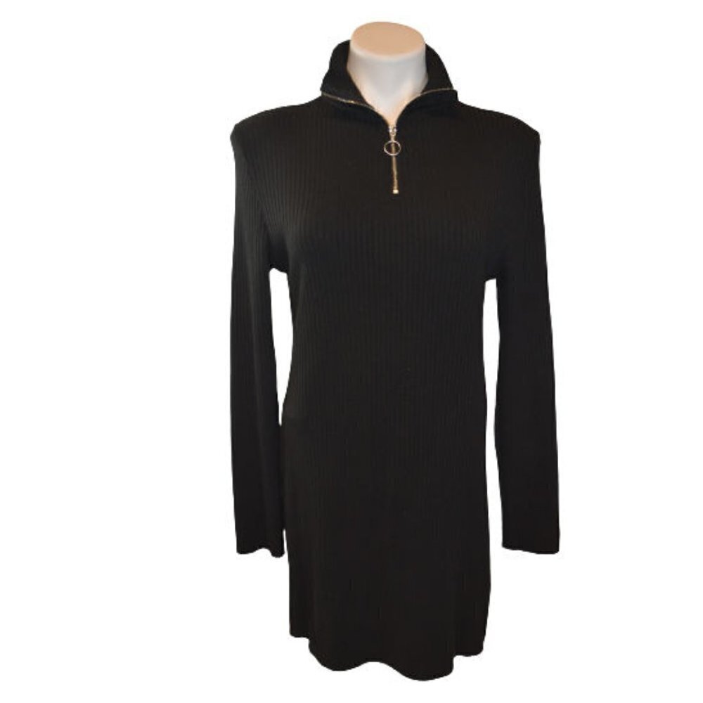 TOPSHOP Ribbed Zipper Neck Long Sleeve Black Bodycon Dress 12